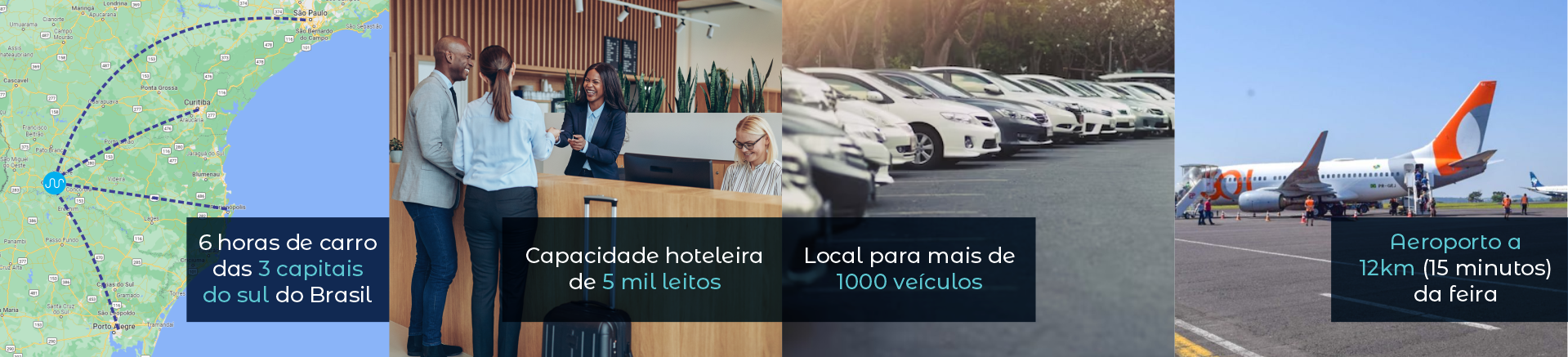 6 Horas de carro das 3 capitais do sul do Brasil | Capacidade hoteleira de 5 mil leitos | local para mais de 1000 veículos | Aeroporto a 12km (15 minutos) da feira